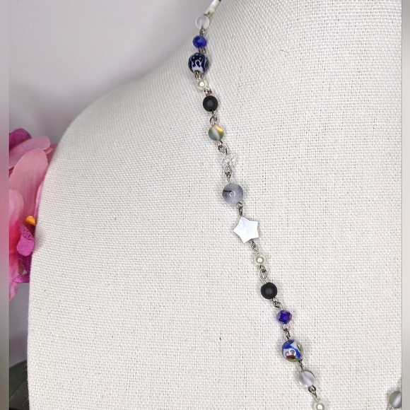 Long blue black and crystal beaded necklace. Handmade by me. - Picture 4 of 7